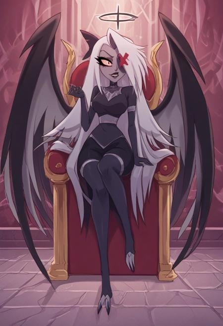 evil villain, xvaggiex, white hair, very long hair, hair bow, colored sclera, hair over one eye, halo, colored skin, black angel wings, multiple wings, black lips, hands have razor-sharp talons, Evil black demonic armor, heel boots,very busty. Full body shot. She is sitting on a heavenly throne 