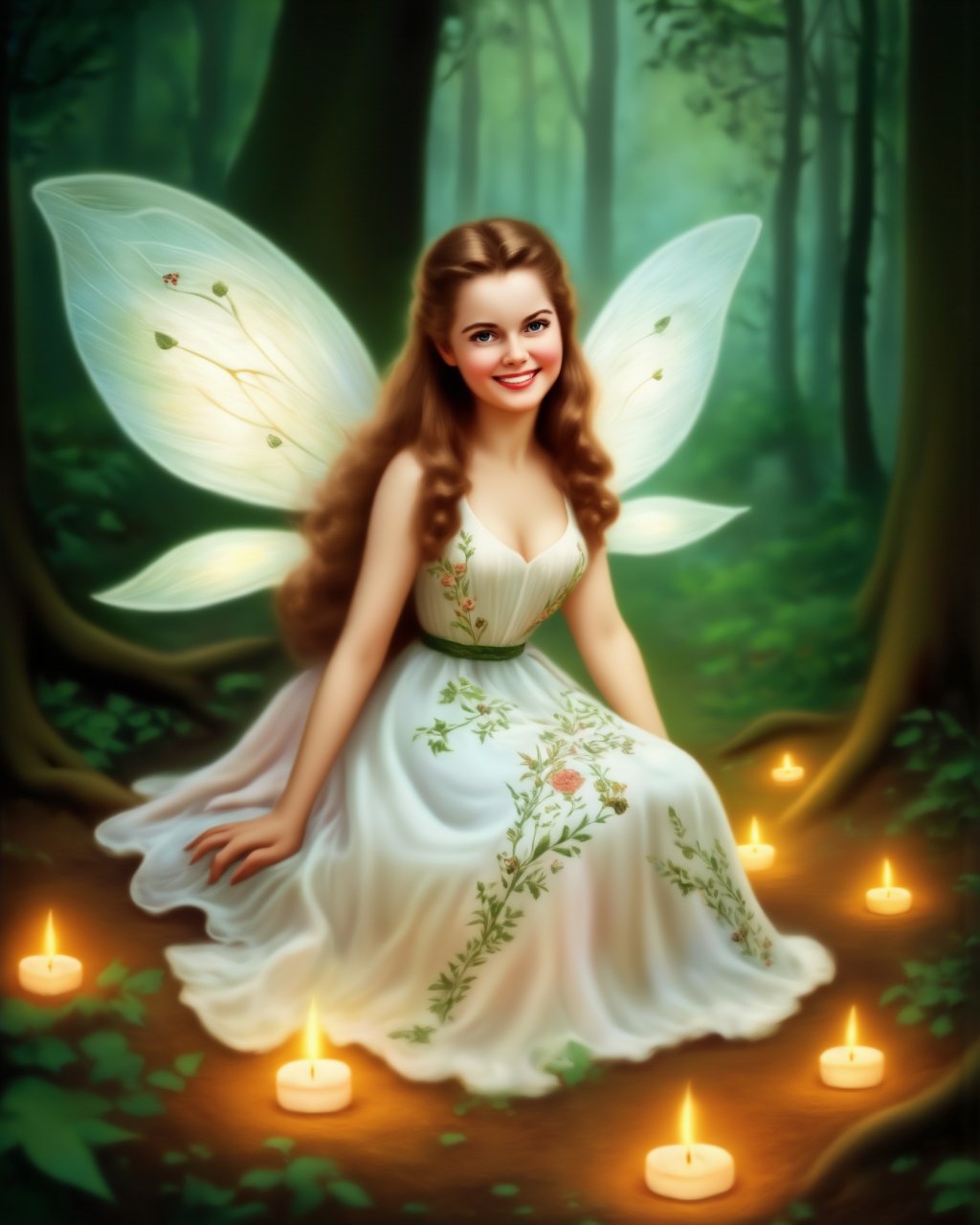 A portrait of a young woman with fairy wings, seated in a forest. She wears a flowing white dress with intricate floral patterns. Her long, wavy hair flows down her back, and she smiles at the camera. The forest floor is illuminated by several lit candles, casting a warm glow on the surrounding foliage. The background is a blend of green trees and foliage, creating a serene and dreamy atmosphere. The image style is whimsical and ethereal, evoking feelings of wonder and enchantment. vintage_p_style, <lora:VintagePS_F1D:1>