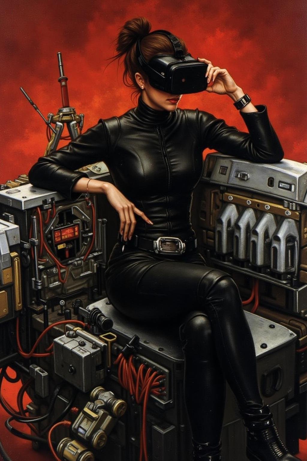 jati1 paintingA striking,  futuristic scene depicts a woman dressed in sleek,  form-fitting leather attire by NowhereManGo...