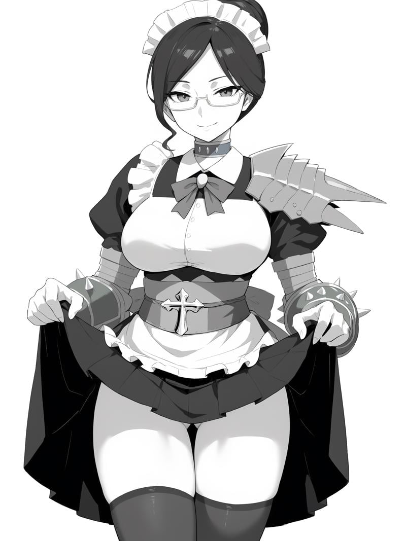 score_9, score_8_up, score_7_up, score_6_up, score_5_up, score_4_up, alpha_Black_white_armored_maid_uniform, yurialpha, solo, large_breasts, looking_at_viewer, closed_mouth, smile, white_maid_headdress, rimless_eyewear, blue_choker, blue_bowtie, single_pauldron, shoulder_armor, puffy_sleeves, green_gauntlets, spiked_gauntlets, blue_sash, cross_on_sash, gold_cross, black_legwear, armored_skirt, thighs, long_skirt, skirt_lift, skirt_hold, lifted_by_self, standing, simple_background, white_background, monochrome, greyscale,  <lora:Alpha_V1SDXL:1>