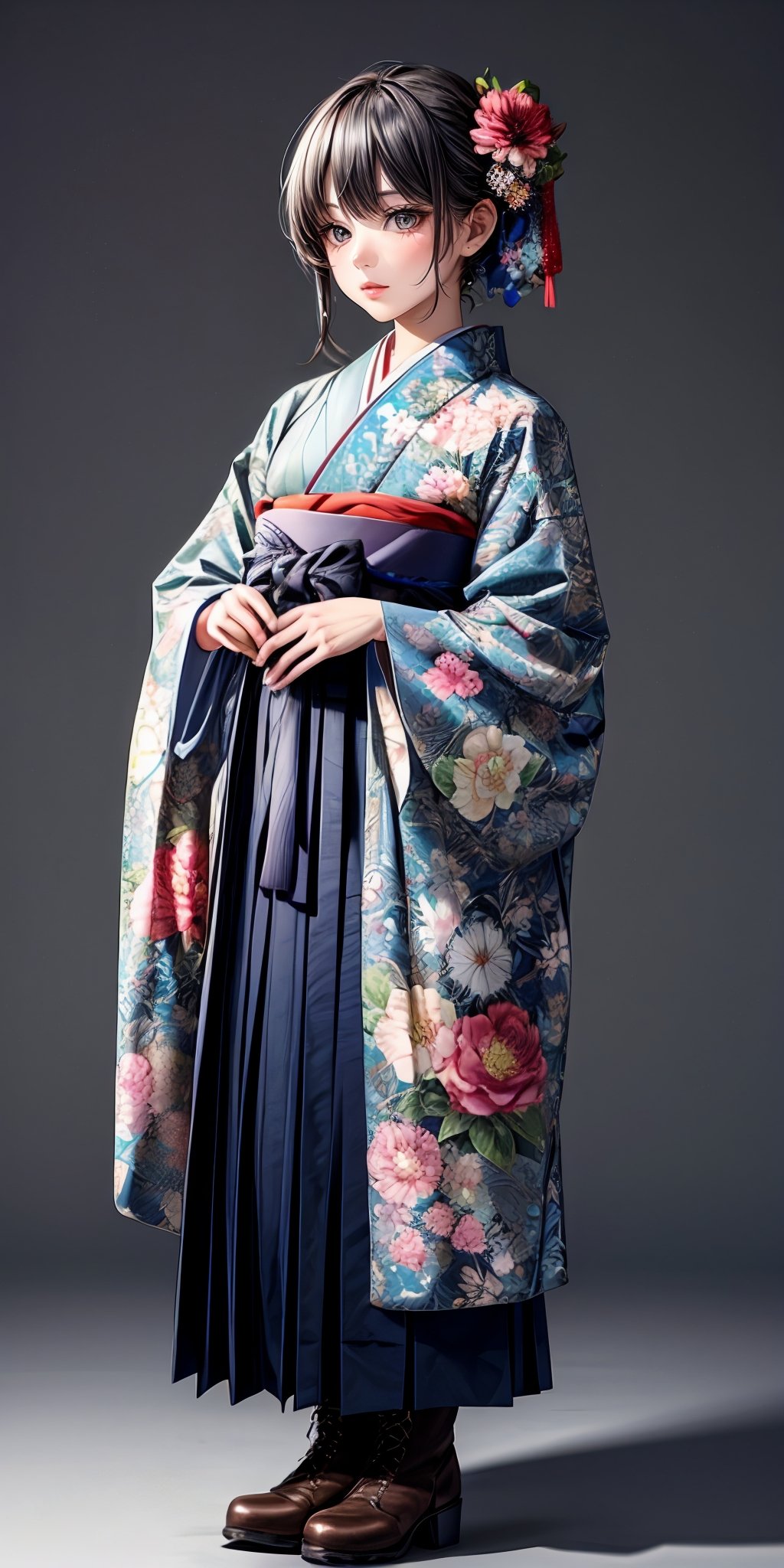 (masterpiece,ultra-detailed,best quality,8K,CG,illustration,shaved:1.0),(girl:1) <lora:more_details:1>,simple background ,<lora:jyoji fuku v16.0:0.5> furisode, jyojifuku, hakama, floral print, hair ornament, boots