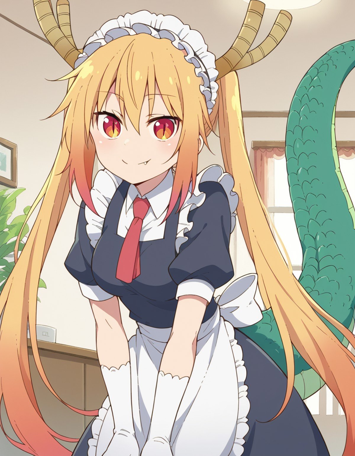 score_9, score_8_up, score_7_up, source_anime,dragontohru, <lora:dragon-tohru-s2-ponyxl-lora-nochekaiser:1>,tohru, long hair, bangs, blonde hair, hair between eyes, twintails, very long hair, multicolored hair, horns, fang, gradient hair, dragon horns, red eyes, slit pupils,gloves, dress, tail, short sleeves, necktie, white gloves, maid, maid headdress, dragon girl, dragon tail, scales, large tail,indoors, bent over, smile,looking at viewer, cowboy shot, dutch angle, solo,