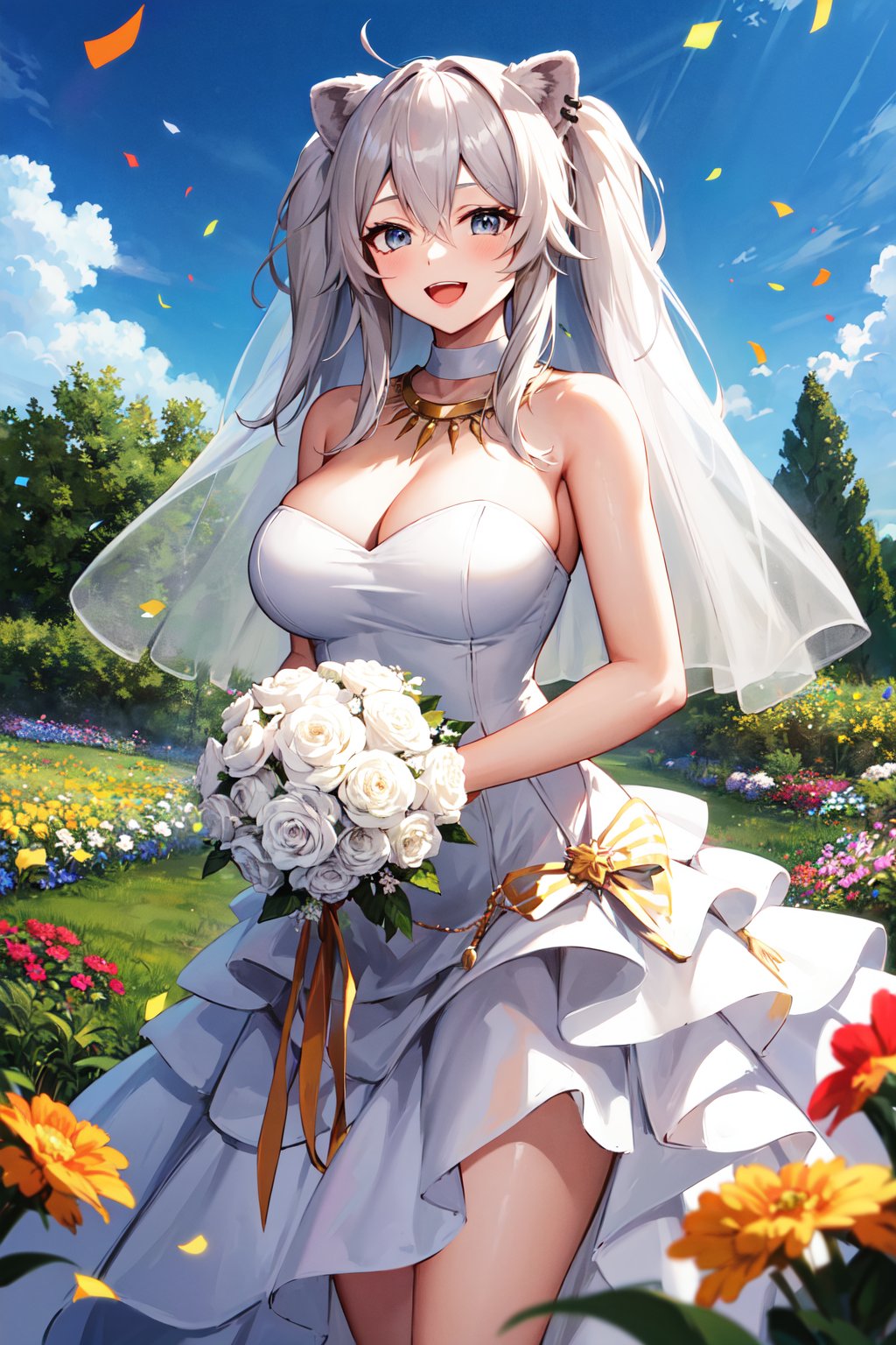 masterpiece, best quality, highres, aabotan, long hair, two side up, ahoge, animal ears, ear piercing, large breasts, <lora:shishiro_botan_v1:0.7>, wedding dress, strapless, necklace, white dress, garden, standing, cowboy shot, holding bouquet, open mouth, smile, confetti,