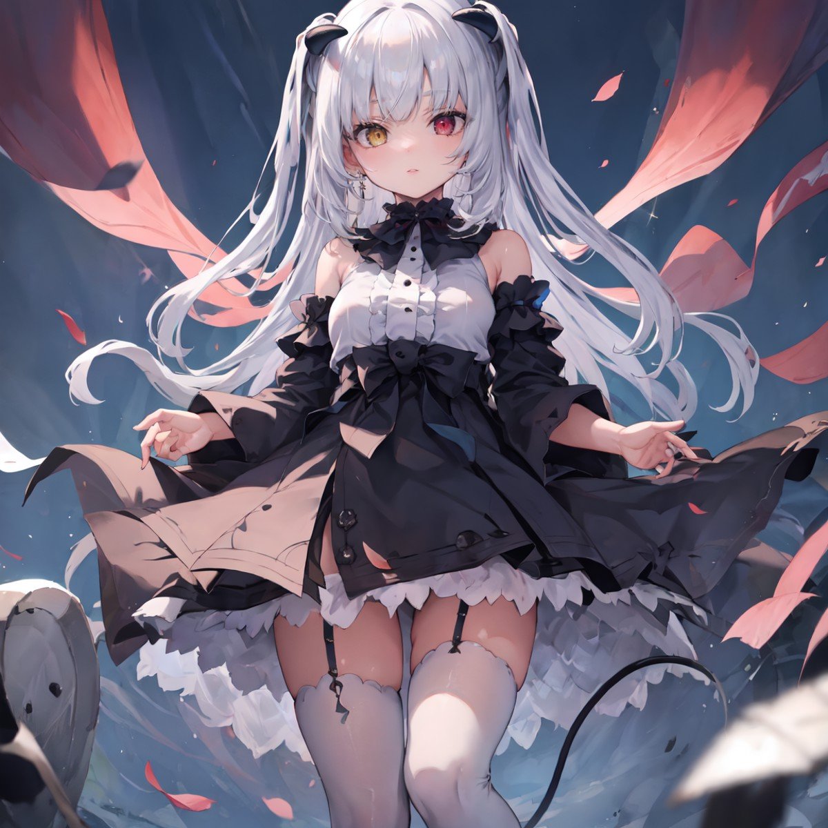 masterpiece, best quality, ultra-detailed, glistening shiny, glowing light, ray tracing, HDR, deph of field, (perfect face, detailed face), <lora:ChloeLilithStella:0.8>, chloelilith, demon horns, demon tail, heterochromia, two side up, black dress, detached sleeves, white thighhighs, standing