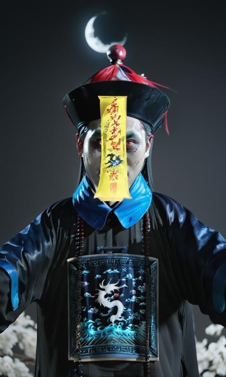 cinematic photo ((masterpiece)),((best quality)),8k,high detailed,ultra-detailed,intricate detail,full body,photography,((huangfu:2),huangfu paper,1boy, A cool boy in black nanjiang costume with huangfu paper in head,(blood-red eyes)),(grinning menacingly),The moonlight casts an eerie glow on his stoic face and intricate garments. ((levitating:1.2)), (moonlit), (symmetrical composition).,<lora:QDjiangshi_YF:1>, . 35mm photograph, film, bokeh, professional, 4k, highly detailed