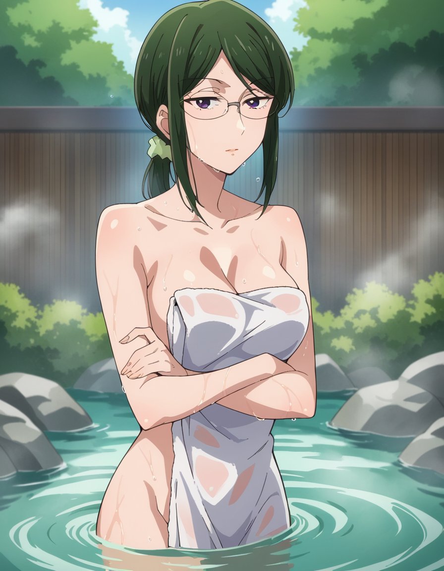 score_9, score_8_up, score_7_up, source_anime,hanakokoyanagi, <lora:hanako-koyanagi-s1-ponyxl-lora-nochekaiser:1>,hanako koyanagi, green hair, low ponytail, purple eyes, glasses,nude, naked,outdoors, onsen, towel, naked towel, steam, bathing, nude cover, partially submerged, water, bath, steam censor, wet towel,looking at viewer, dutch angle, cowboy shot,