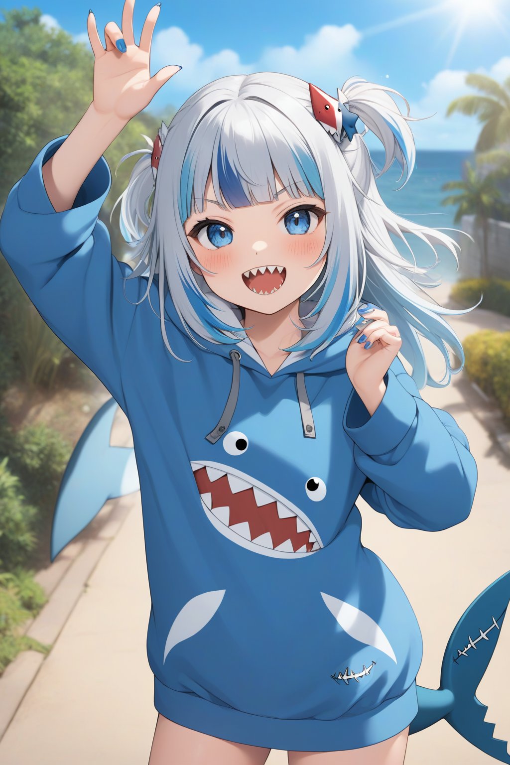 1girl, gawr gura, teeth, solo, virtual youtuber, sharp teeth, tail, blue eyes, fish tail, multicolored hair, shark tail, looking at viewer, blue hair, shark girl, blush, open mouth, hood, grey hair, hair ornament, smile, streaked hair, outdoors, arm up, hoodie, bangs, two side up, long hair, shark hair ornament, :d, long sleeves, blue nails, cowboy shot, blue hoodie, nail polish, blunt bangs, v-shaped eyebrows