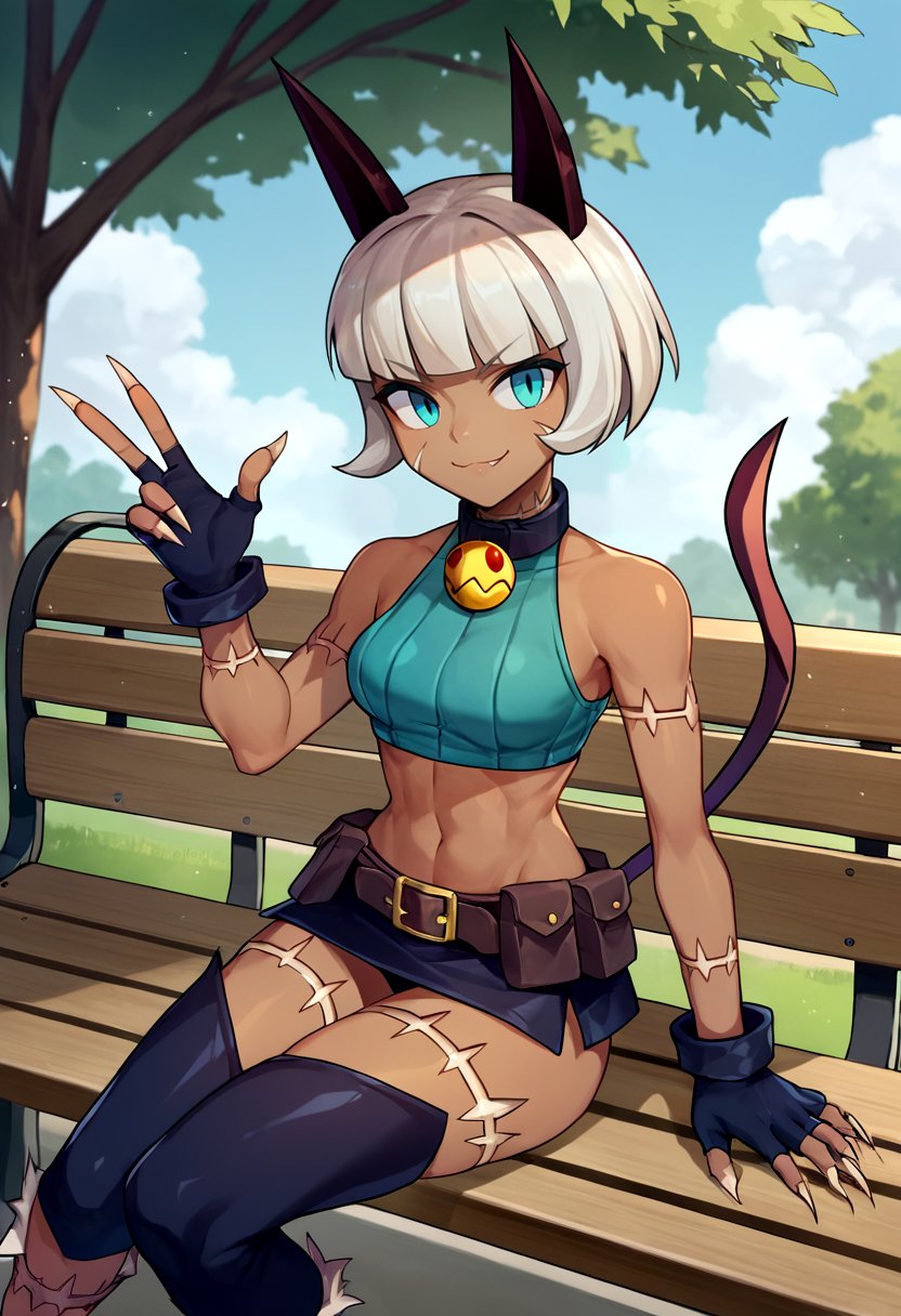 score_9, score_8_up, score_7_up, source_anime, solo, 1girl, sgmsfortune, dark skin, smile, looking at viewer, sitting, park bench, bob cut, v-shaped eyebrows, crop top, fingerless gloves, black thighhighs, collar, bell, belt, pouch, cat tail, midriff, outdoors <lora:skullgirls_msfortune_ponyXL:1>