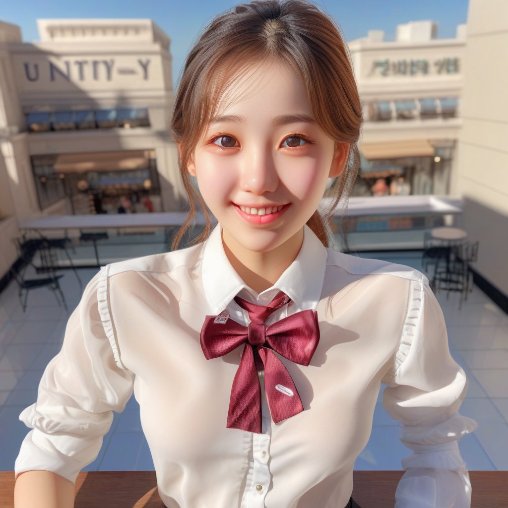 (extremely detailed CG unity 8k wallpaper), (masterpiece), (best quality), (ultra-detailed), (best illustration), (best shadow), ultra-high res, (realistic, photo-realistic:1.2), 1girl, shopping mall rooftop cafe, white opaque shirt with bow tie, puffy eyes, looking at viewer, smile, close up, <lora:koreanDollLikeness_v10:0.35>,<lora:sikongSDXL-000008:0.8> 