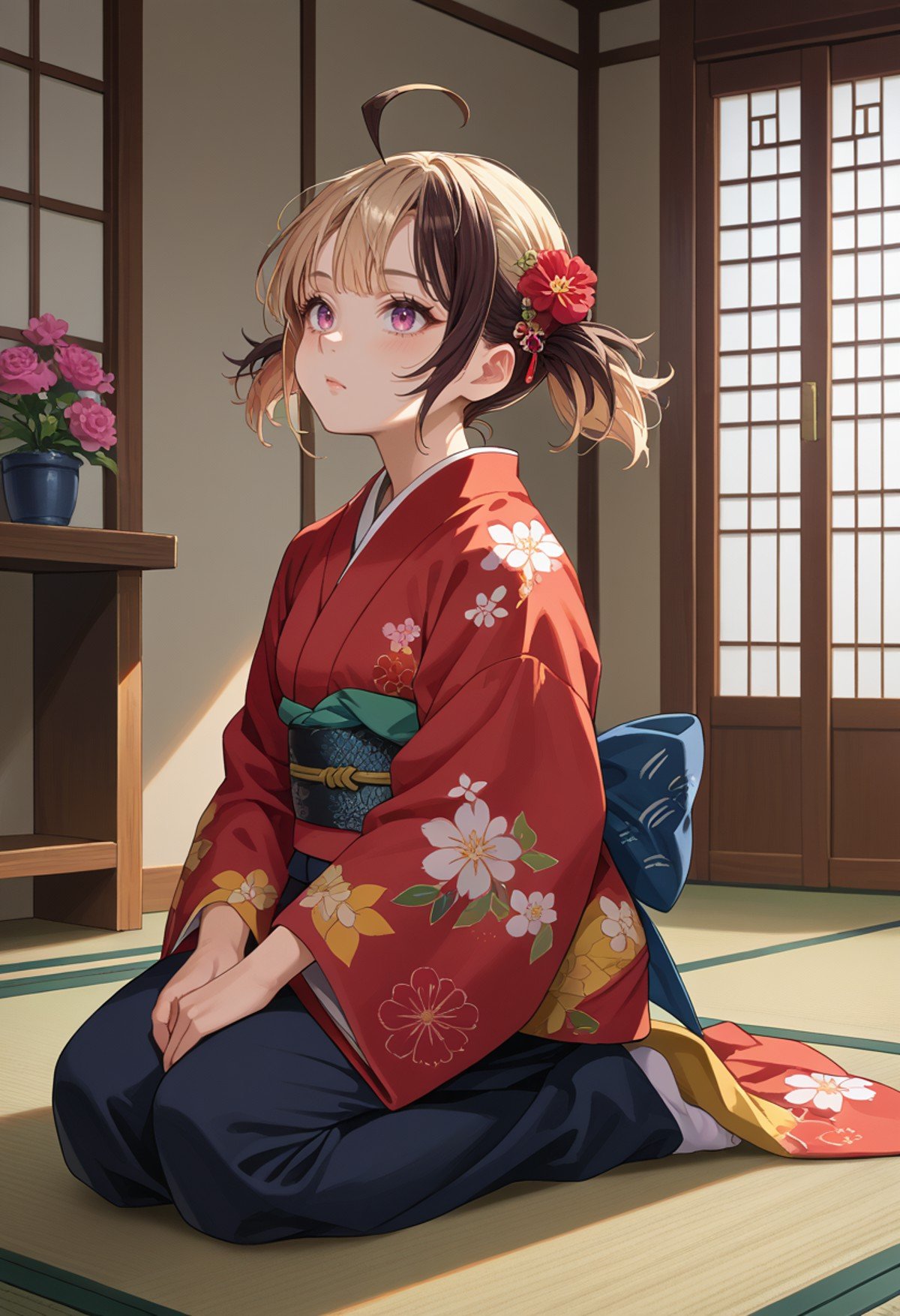 score_9, score_8_up, source_anime, 1girl, solo, GigiMurin, multicolored hair, short twintails, ahoge, indoors, kimono, hair flower, floral print, wariza, kneeling, <lora:ChamGigiMurinPonyXL:1>