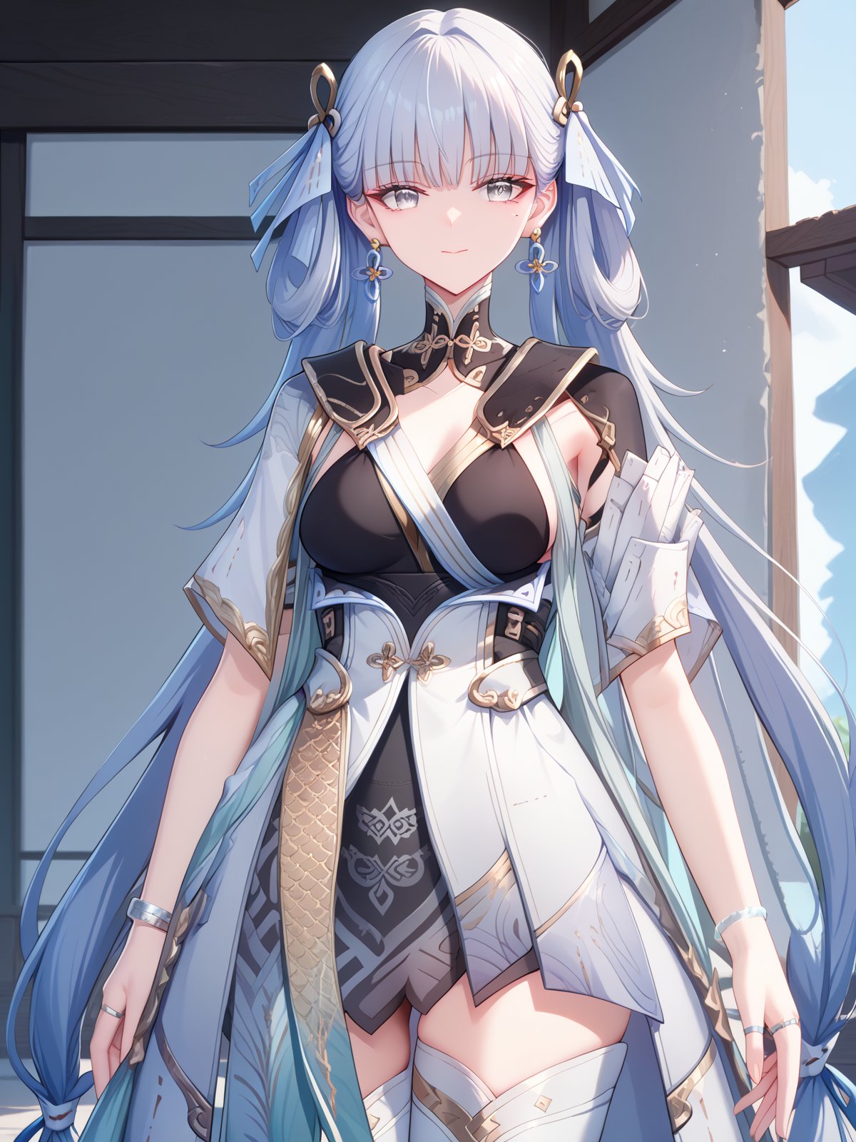 ((score_9)), ((score_8)) smile, looking at viewer,   <lora:JinshiPonyV5-04:1> jinshiponyv5, 1girl, long hair, earrings, closed mouth, grey eyes, medium breasts, blunt bangs, dress, ribbon, hair ribbon, mole under eye, very long hair, short sleeves, bracelet, ring, collarbone,  white thighhighs, thigh boots, cowboy shot, 