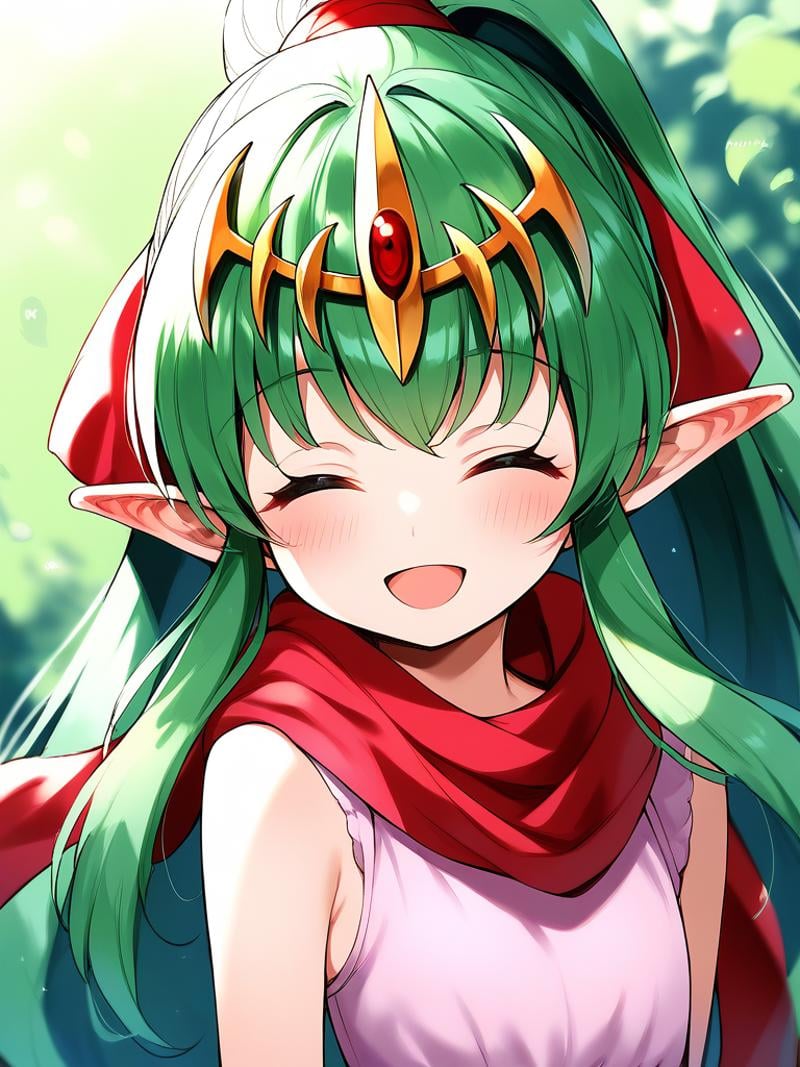 score_9, score_8_up, score_7_up, source_anime, rating_explicit, BREAK  <lora:Tiki_FE_XL:1>  Tiki, pointy ears, long hair, green hair, ponytail, tiara, closed eyes, flat chest, hair ribbon, very long hair, short stack,solo,  open mouth, smile, upper body, dress, looking at viewer, pink dress, sleeveless, scarf, ribbon,  blush,  bangs, red ribbon, sleeveless dress,looking at viewer, grassland, 