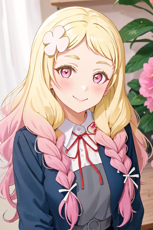 best quality, masterpiece, highres, solo, {onitsuka_natsumi_lovelivesuperstar:1.15}, blonde_hair, multicolored_hair, gradient_hair, pink_hair, braid, long_hair, twin_braids, pink_eyes, hair_ornament, smile, flower, hair_flower, blush, bangs, red_eyes, 1girl, looking_at_viewer, school_uniform, yuigaoka_school_uniform, birthday