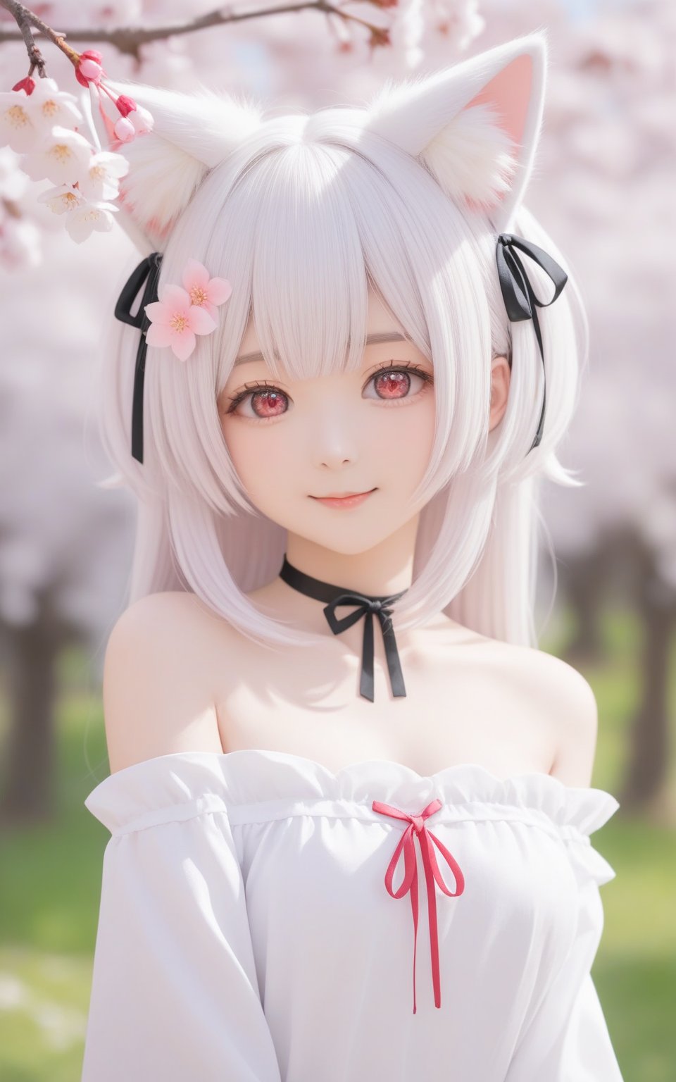 1girl, solo, animal ears, hair flower, hair ornament, flower, looking at viewer, blurry, bangs, white hair, pink flower, cherry blossoms, animal ear fluff, long hair, blush, long sleeves, virtual youtuber, depth of field, hair between eyes, closed mouth, smile, branch, upper body, choker, blurry background, blurry foreground, bare shoulders, red eyes, cat ears, hand up, off shoulder, ribbon, collarbone, hair ribbon, outdoors, black choker, white flower