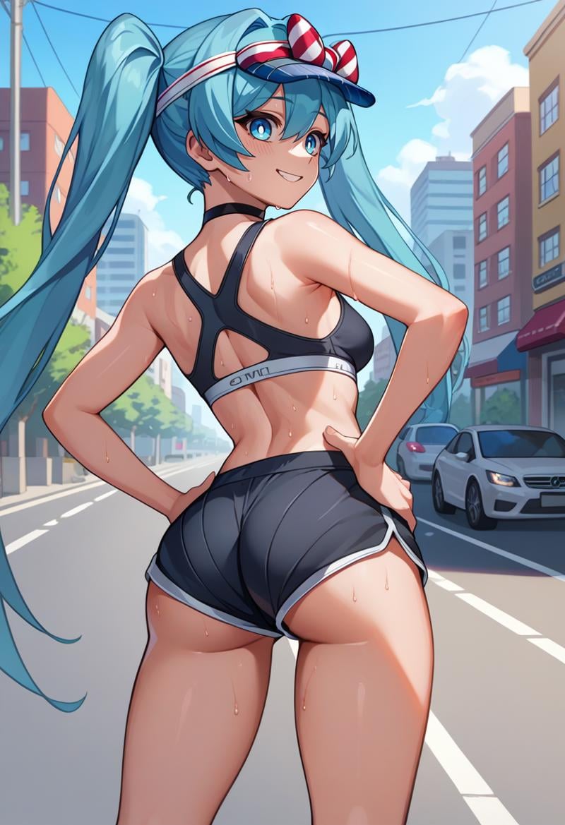 score_9, score_8_up, score_7_up, source_anime, from behind, solo, 1girl, mesmerizermiku, sweat, smile, looking back, hands on own hips, blue hair, twintails, hair bow, striped bow, visor cap, blue eyes, black sports bra, black shorts, short shorts, black choker, ass, outdoors, city street <lora:vocaloid_mesmerizermiku_ponyXL:1>