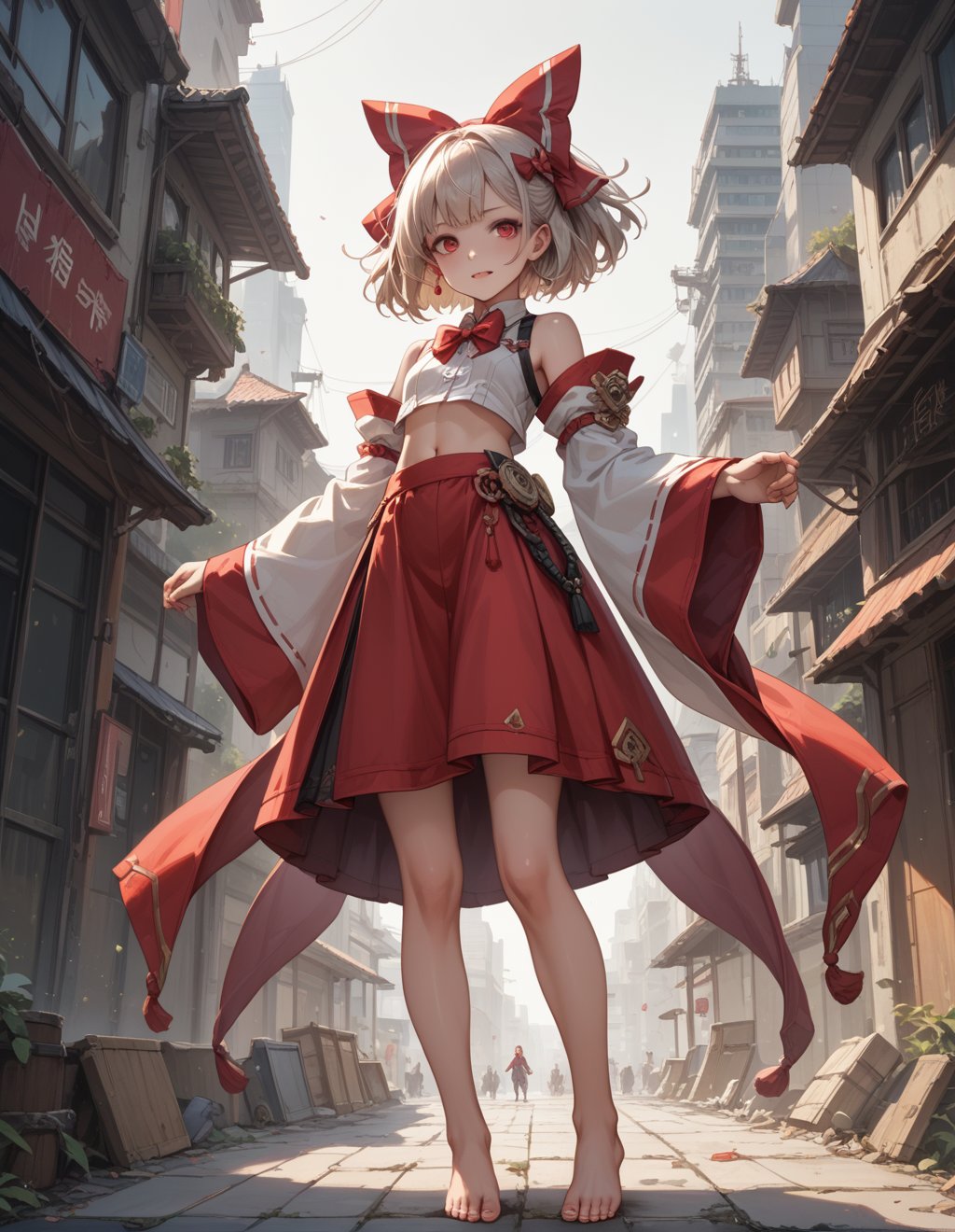 score_9,score_8_up,score_7_up,future0701,solo,navel,Red skirt,bowtie,wide sleeves,hair bow,detached_sleeves,barefoot,