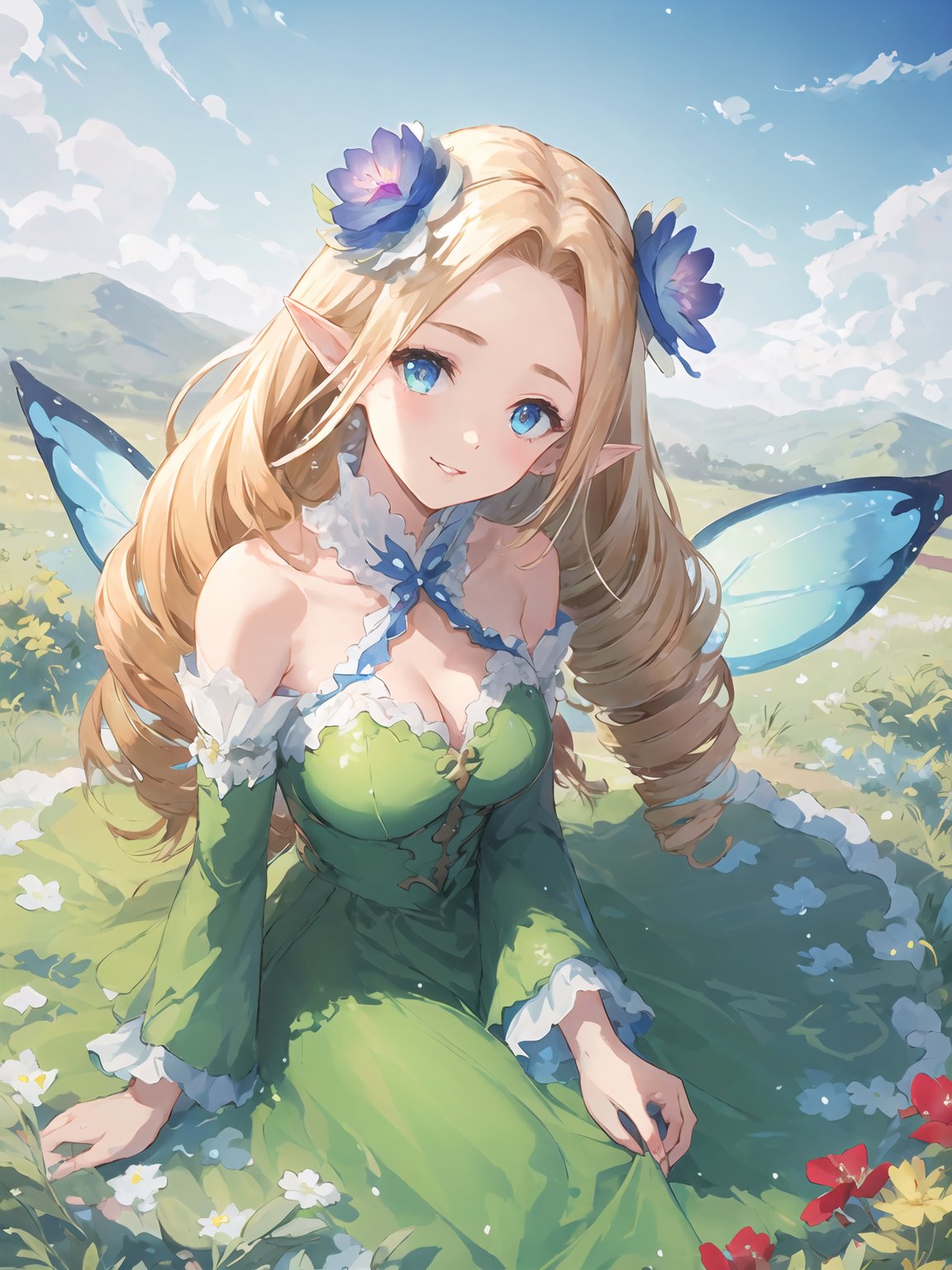 masterpiece,best quality,highres,cinematic lighting,dramatic angle,1girl,blonde hair,drill hair, green dress,parted bangs,cleavage,looking at viewer,pointy ears,blue eyes,bare shoulders,wings,frills,holding a bunch of flowers,presenting a bunch of flowers to viewer,parted lips,petal,grass,blue sky,smile,<lora:ShadowverseBrilliantFairyV1-000021:0.8:lbw=1,0.1,0.1,0.1,0.8,0.8,0.1,0.1,0.1,1,1,1,1,1,1,1,1>,detached collar,hair flower,from above,depth of field,detached sleeves,straight-on,head tilt,pov,close-up,wisp,fairy