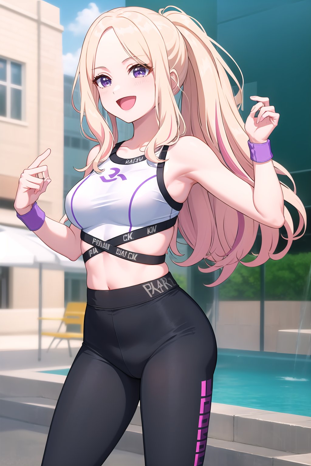 (masterpiece, best quality), highly detailed background, perfect lightingbest quality, juuousena, outdoors, city, blonde hair, ponytail, parted bangs, forehead, streaked hair, wavy hair, very long hair, purple eyes, medium breasts, white shirt, sleeveless shirt, crop top, wristband, black pants, yoga pants, tight pants, sportswear, smile, open mouth, :d, <lora:Juuou-Sena-05:0.7>