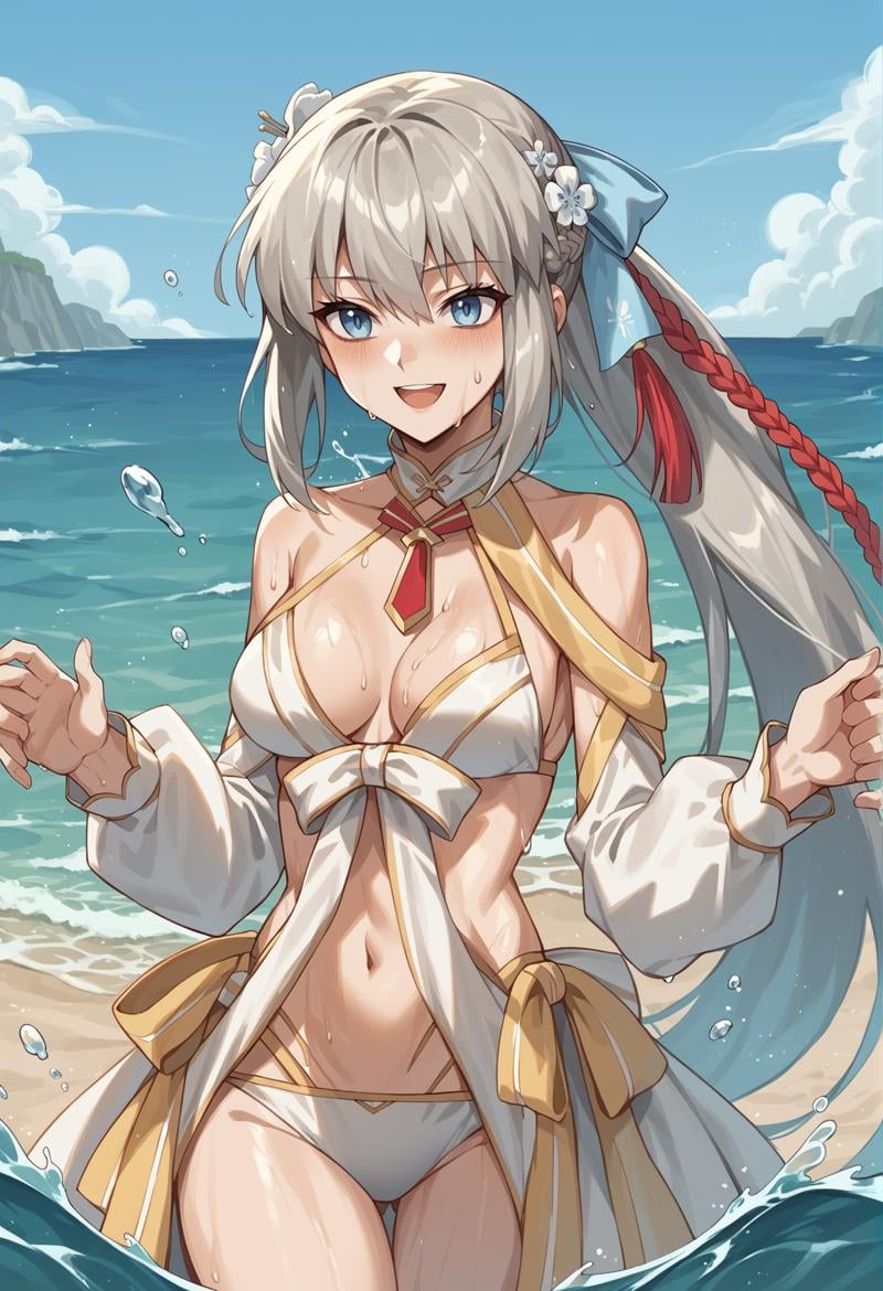 1girl, long hair, grey hair, blue eyes, very long hair, braid, ponytail, hair flower, white bikini, detached collar, detached sleeves, blue ribbon, yellow ribbon, outdoors, wet hair, wet, sweat, beach, submerged, smile, open mouth, sea, splashing water, waves, cowboy shot <lora:Morgan_XL:1>, score_9, score_8_up, score_7_up, score_6_up, score_5_up, score_4_up, BREAK source_anime, masterpiece