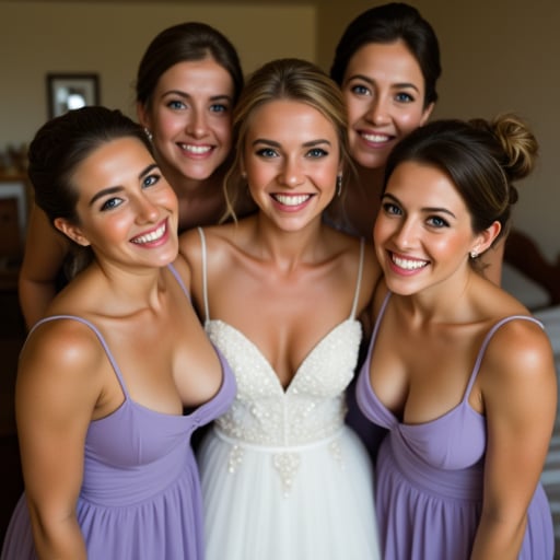 A bride and her bridesmaids posing together for a group photo,  downblouse,  indoors by Invisidude on Tensor.Art