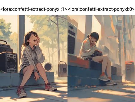 score_9,  score_8_up, score_7_up, source_anime, <lora:confetti-extract-ponyxl:1> 1girl, streetwear, sitting, sidewalk, boombox, laughing, closed eyes, cinematic lighting