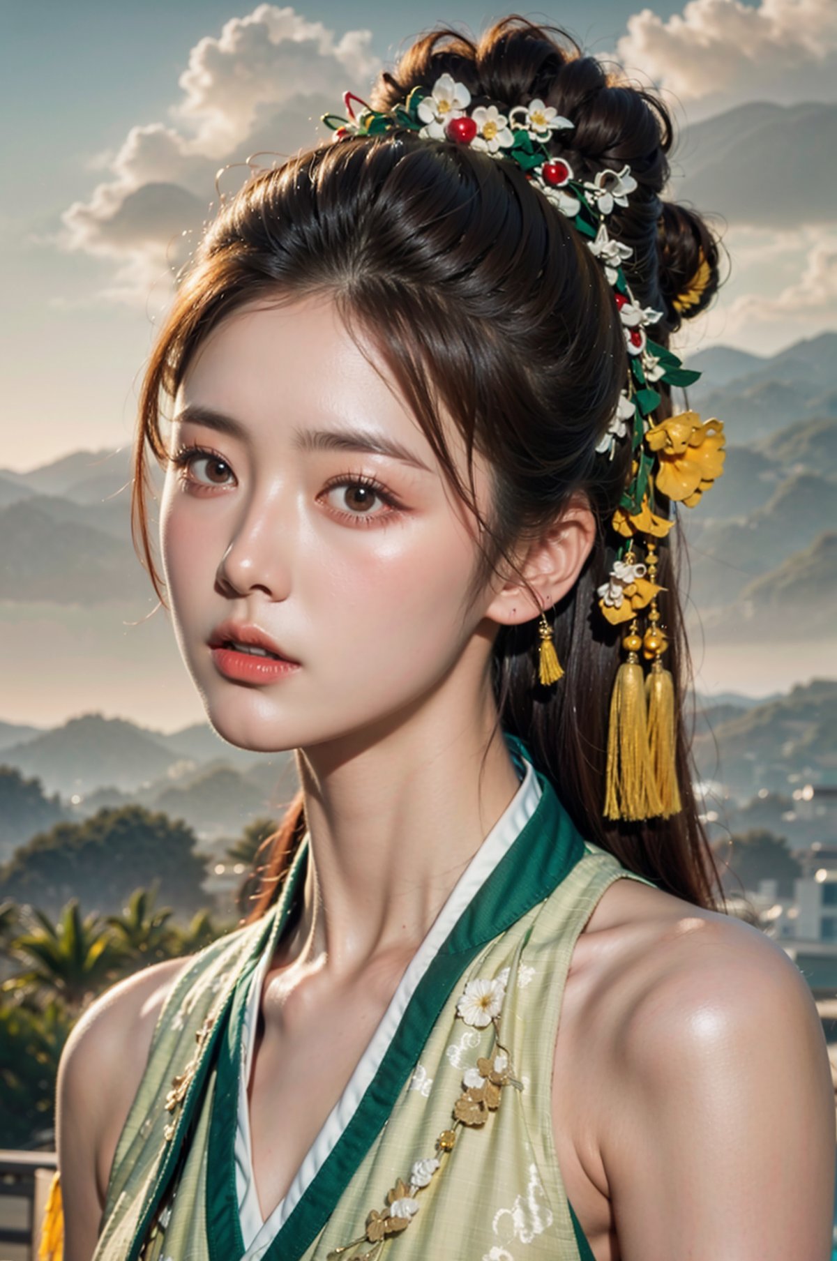 1girl,Hanfu,cloud,blue sky,looking at viewer,photorealistic,realistic,solo,