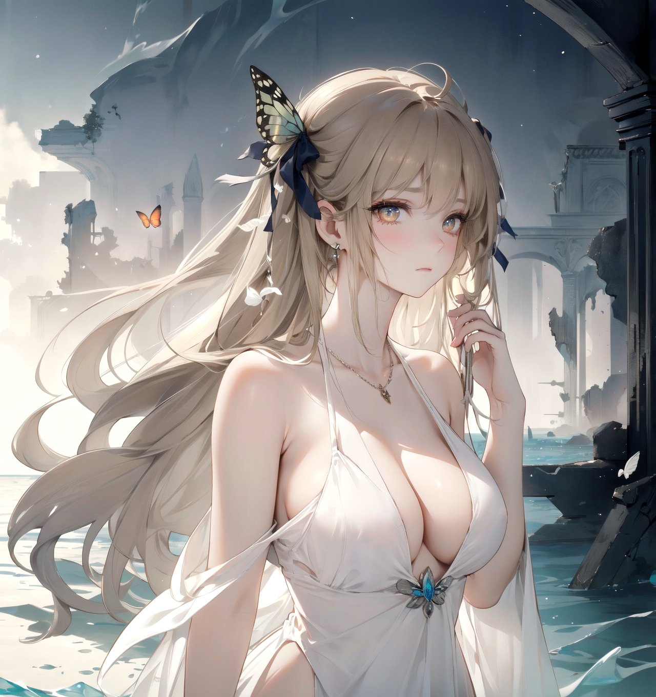 best quality,Amazing,Beautiful golden eyes,finely detail,Depth of field,extremely detailed CG unity 8k wallpaper,masterpiece,(((Long dark blond hair))),((red mediumhair)),(1 girl),(white stockings ),(((((medium_breasts,))))),(hair ribbon),Exposing cleavage,((Beautiful butterflies in detail)),(((halter dress ))),huge ahoge,particle,(((solo))),(Background of details),standing,(Starry sky in beautiful detail),(((gloom (expression) depressed))),(Hazy fog),(((Very long hair))),{Fluttering hair},{Thick hair},{{{Gelatinous texture}}},{profile},(Ruins of beautiful details),(((Standing on the surface of the sea))),{Close-up of people},{{{Smooth skin}}},(((upper body))),(Smooth and radiant skin),(Smooth and radiant face),Perfect details,Beautifully gorgeous necklace,Authentic skin texture,{Cleavage},{{{Authentic and detailed face}}},(unexposed :1.5),