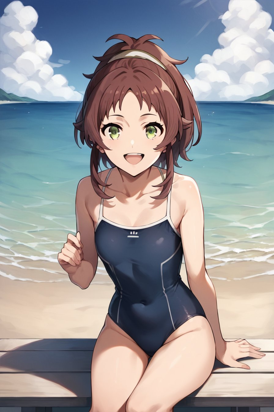 score_9, score_8_up, score_7_up, source_anime,1girl, looking at viewer, happy, w sitting, outdoors, beach, sunshine, blue sky, clouds,<lora:aisha_greyrat_anime_s2-soralz:1>, aisha_greyrat, yellow green eyes, brown hair, ponytail, sidelocks, bangs, long hair, one-piece swimsuit, beach,