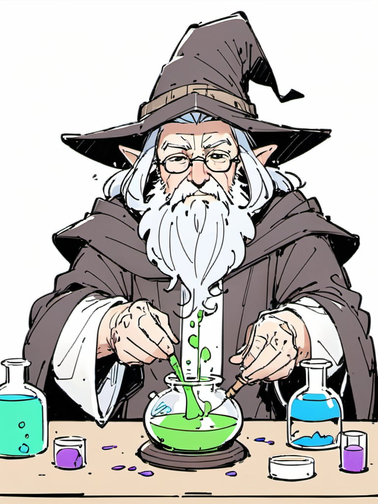 <lora:luXL毛躁手绘Fuzzylines_lora_resized:0.8>, fuzzylines, sketch, an old wizard, in the lab, casting spell, mixing potions,