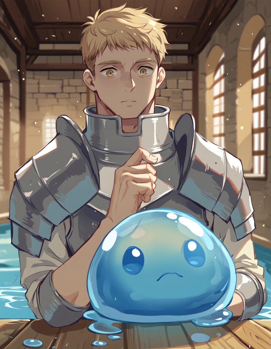 score_9, score_8_up, score_7_up, score_6_up, source anime, BREAK<lora:dungeon_meshi_collection:0.9> soialpnxl, laios thorden, 1boy, male focus, armor, slime \(creature\), upper body, solo, dungeon meshi, pool, indoors