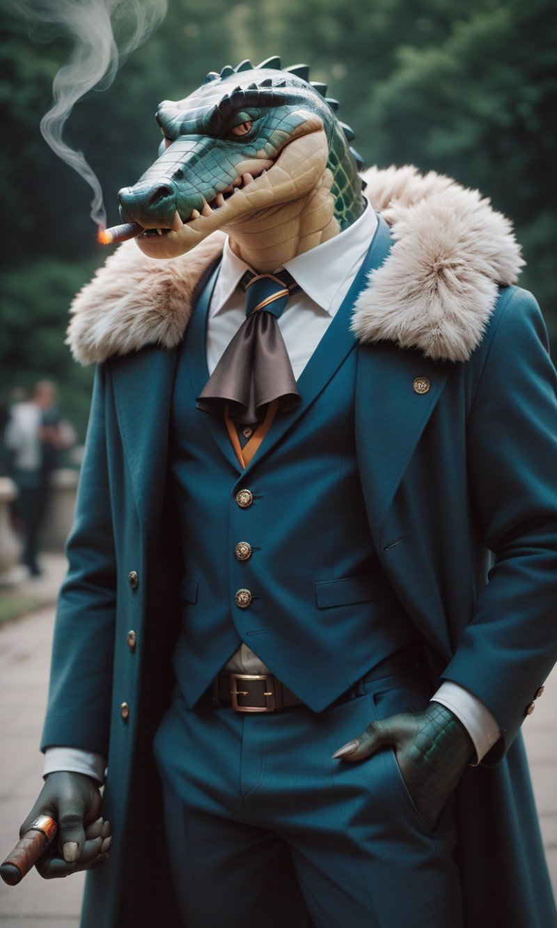 score_9, score_8_up, score_7_up, 4k, best quality, ultra high res, masterpiece, Crocodile, male, solo, male focus, ascot, coat on shoulders, cigar, smoking, shirt, long sleeves, vest, coat, fur trim, jewelry, earrings, pants, ring, <lora:Crocodile_One_Piece-15:0.7>