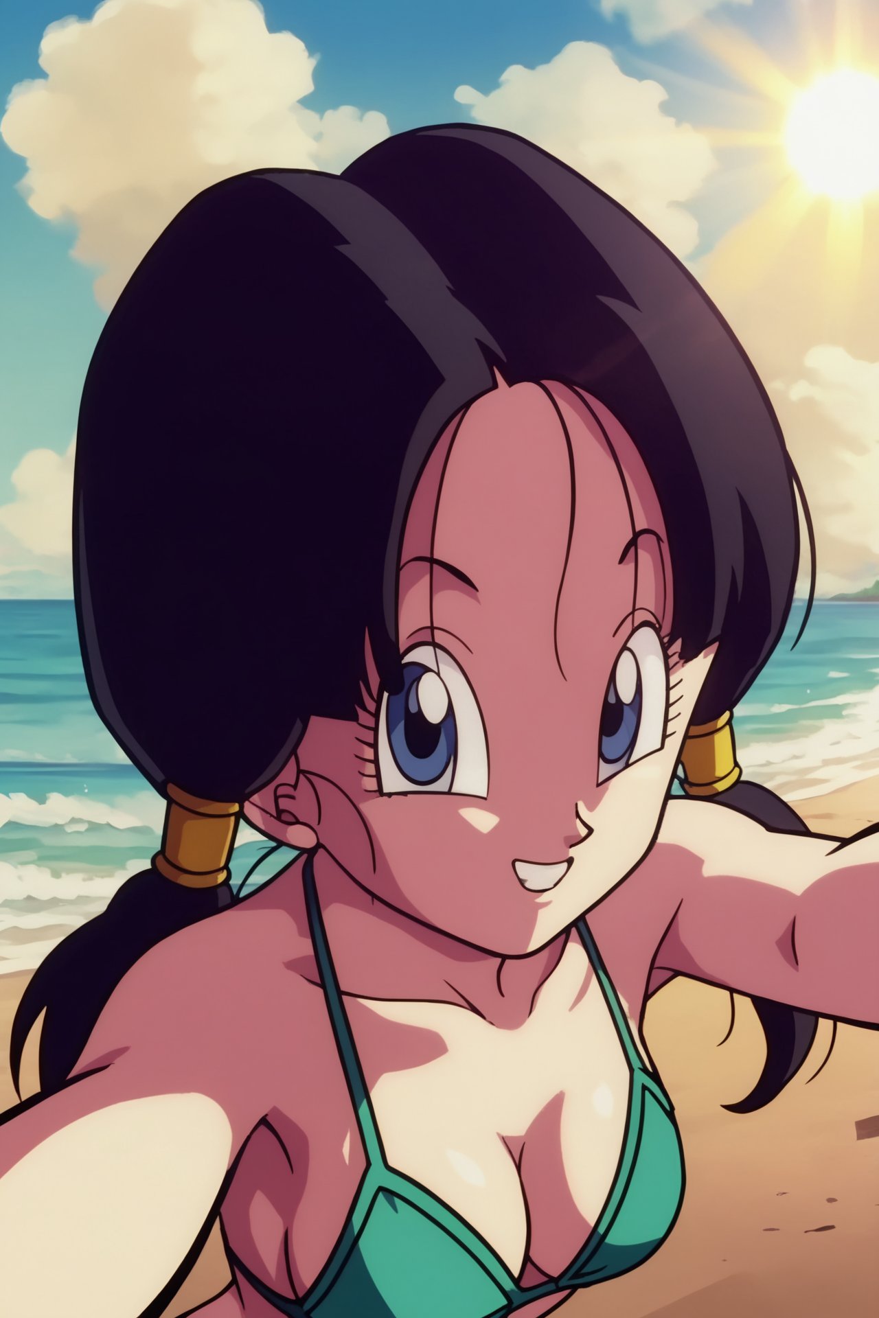 source_anime, score_9, score_8_up, score_7_up, anime screencap,videldbz, 1girl, solo, looking at viewer, smile, twintails, blue eyes, black hair, barefoot, outdoors, sky, day, cloud, water, blue sky, ocean, beach, wind lift, raised eyebrows, selfie, bikini, from above, sunlight,<lora:Videl_pony_v1:0.8>