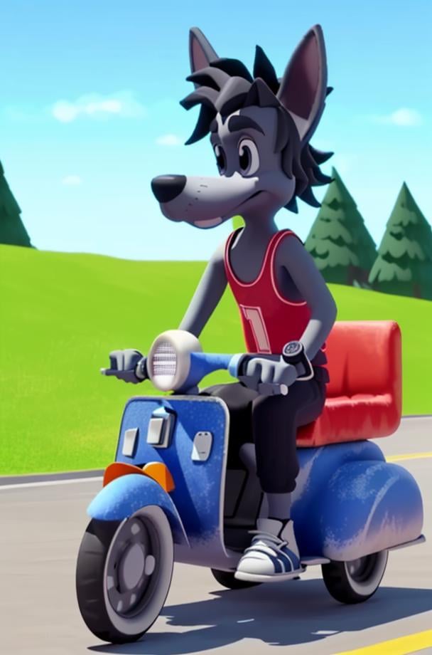 NuPogodiNewWolf, (outdoors, driving, driving a go-kart), (tank top, watch, shoes, tail), (masterpiece:1.2), 3D, Unreal Engine Render, hires, ultra-high resolution, 8K, high quality, (sharp focus:1.2), clean, crisp, cinematic, <lora:Vlk-18:0.7>