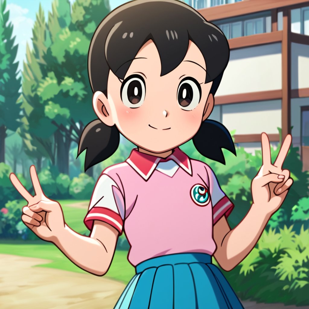 score_9, score_8_up, score_7_up, score_6_up, score_5_up, score_4_up, source_anime,minamoto shizuka,1girl, solo,1girl, solo, v, twintails, black hair, skirt, double v, smile, outdoors, shirt, blue skirt, looking at viewer, black eyes, pleated skirt, short sleeves, pink shirt, blush, closed mouth, day, tree, collared shirt, short twintails, low twintails, upper body, grass,masterpiece, perfect face, best quality, beautiful girl, cute girl, beautiful eyes, shiny eyes, anime coloring, anime screencap, absurdres, outdoors, <lora:minamoto shizuka auti 923 1:0.8>