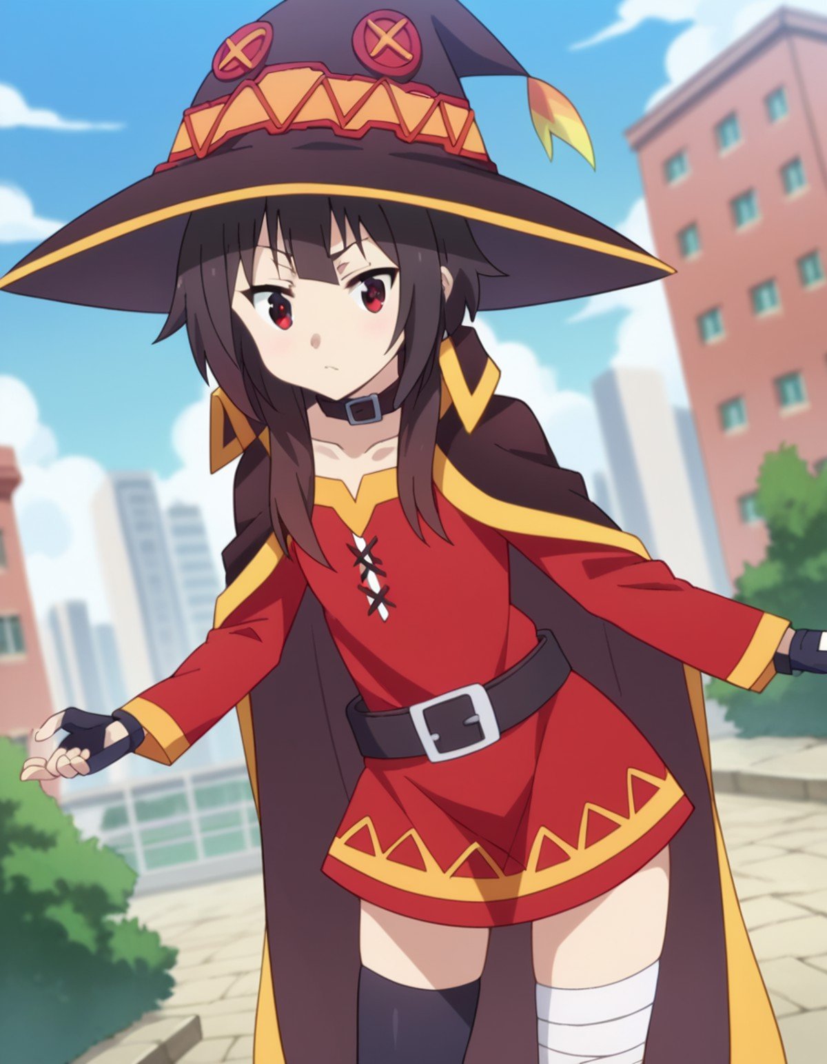 score_9, score_8_up, score_7_up, source_anime,konosubamegumin, <lora:konosuba-megumin-s2-ponyxl-lora-nochekaiser:1>,megumin, short hair, black hair, red eyes, short hair with long locks,thighhighs, gloves, hat, dress, black gloves, belt, black thighhighs, fingerless gloves, cape, collar, witch hat, bandages, red dress, single thighhigh, asymmetrical legwear, bandaged leg,outdoors, cityscape, bent over,looking at viewer, dutch angle, cowboy shot,