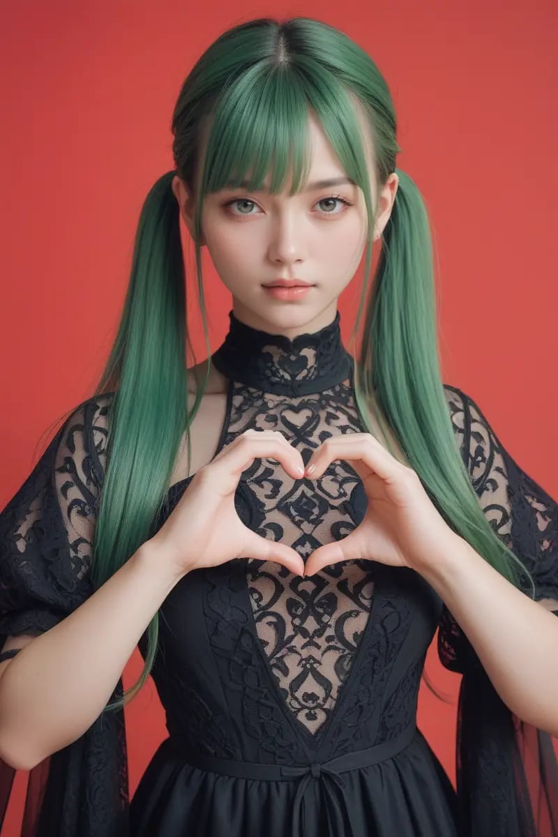 score_9, score_8_up, score_7_up, 1girl,25 years old, long hair with twintails, green hair, black sheer dress, red background, portrait, heart hands,