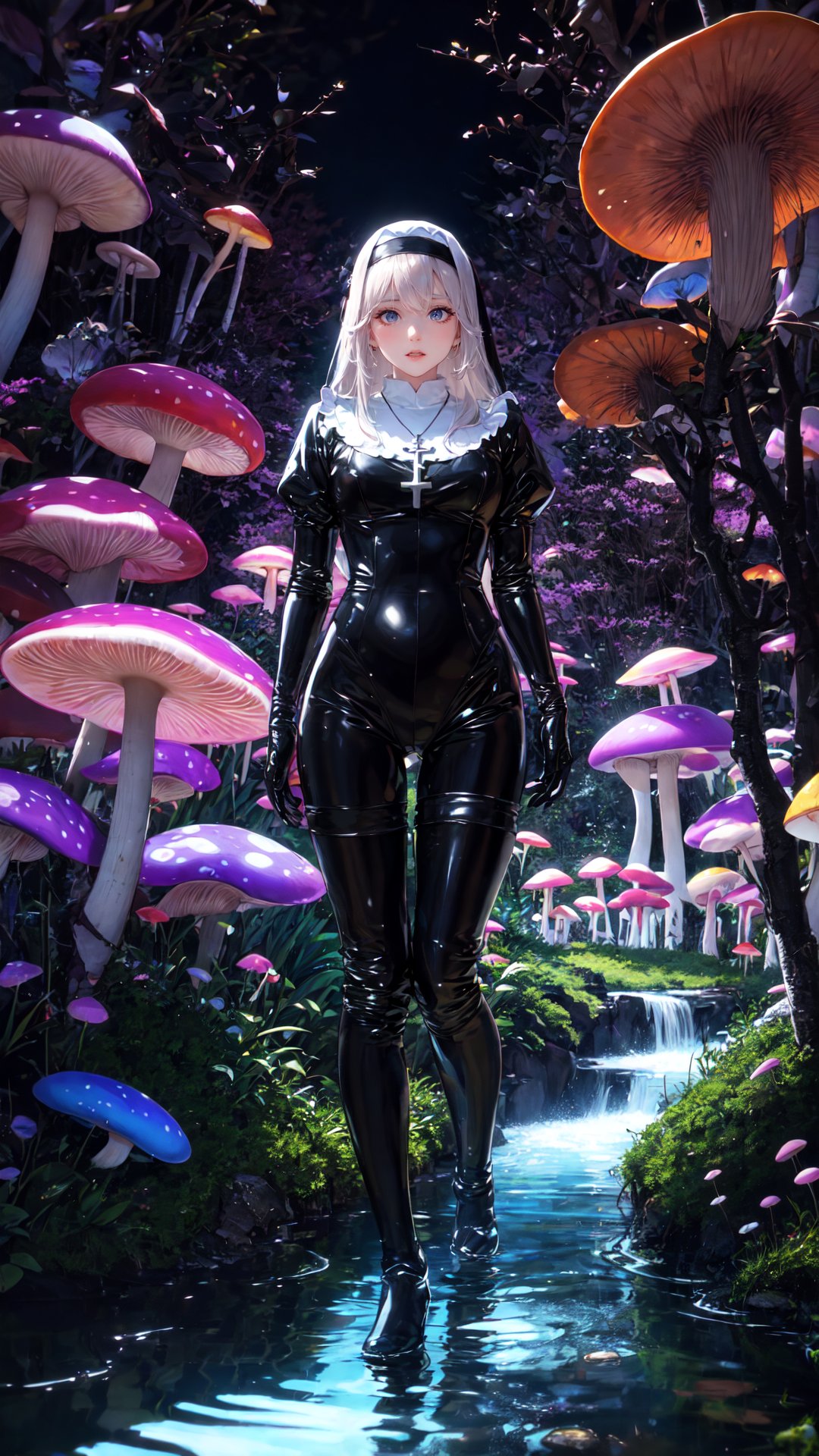 tutututu, nun,cross necklace, latex bodysuit, shiny clothes,thigh_boots,Adult Alice in wonderland standing in stream, large mushrooms in background , highly detailed,  Beautiful lighting, photoreal, 4k, depth of field, night scene, light from godrays shining on ground, <lora:tutu修女:0.65>