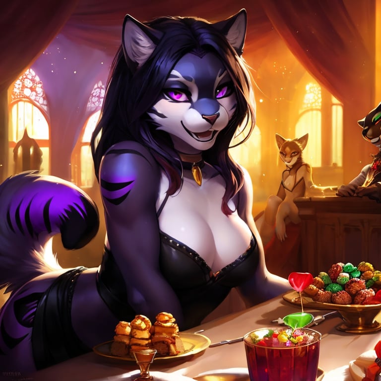 Masterpiece, Best quality, a cute young slim anthro athletic ((vixen:panther:wolf hybrid):1.35),(perky medium breasts:1.1), (cleavage), fantasy city, happy, satisfied suggestive smile,embarrassed, during a party, balloons, confetti, open mouth smile, intricate frilly dress, beautiful detailed face|eyes, detailed scenery, joy, (colorful:1.2), lots of colors, cute, frilly, [magical girl], long wavy hair, glitter, celebration, sparkles, bright, reaching out,hair ribbons,light purple eyes , hyper realistic lighting, hyper realistic, extremely detailed, unreal engine, render, uploaded on e621, blushing, satisfied suggestive smile, blender render, cute, adorable, (fluffy colored fur body), relaxed, (fur), realistic eyes, light particles,sexy suggestive pose, by Jock Sturges, by Sally Mann, [by Pino Daeni], [by Ruan Jia], by Shiitakemeshi, [by Alayna Lemmer], [by Carlo Galli Bibiena],by Greg Rutkowski, by Jeremy Lipking, by Antonio Manzanedo