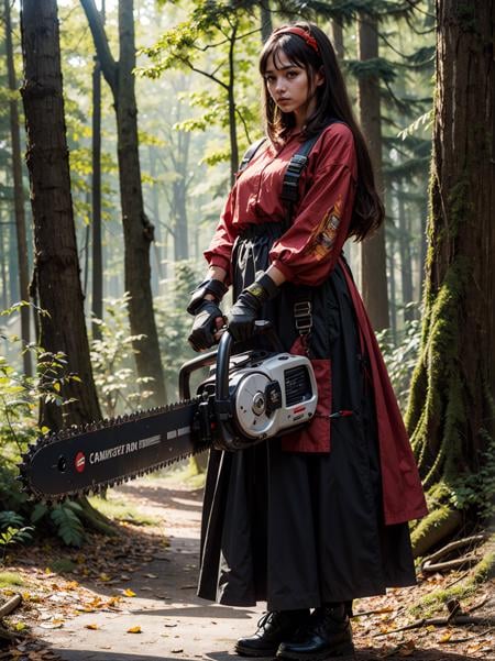 masterpiece, best quality, forest,  <lora:weapon:0.8>, 1girl holding chainsaw sword