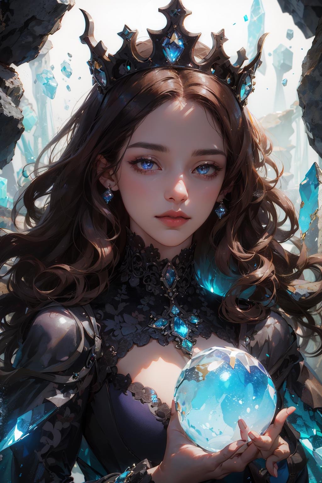 (absurdres, highres, ultra detailed), 1woman, mature female, aged up, wavy long hair, auburn hair, coral eyes, bangs, long sleeves, finely detailed eyes and detailed face, extremely detailed CG unity 8k wallpaper, intricate details, (style-swirlmagic:1.0),  looking at viewer, solo, upper body, detailed background, close up,  detailed face, (gothic dark ages theme:1.1), crystal sorcerer,  dynamic pose, earth themed clothes, crystal crown,  floating in the air, glowing magical shards, surrounded by blue magical crystals,  rock formations, stalactites,  magical floating particles, crystal glass,  crystal sphere, crystal canyon background, (shallow water:0.7),  epic ethereal atmosphere,   updraft,, portrait