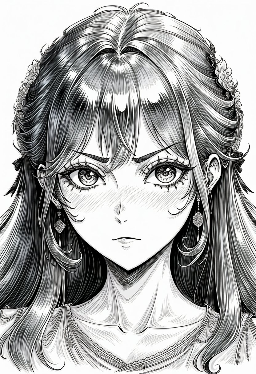 Detailed black and white pencil sketch of a girl face,  masterpiece,  best quality by miaomiao on Tensor.Art