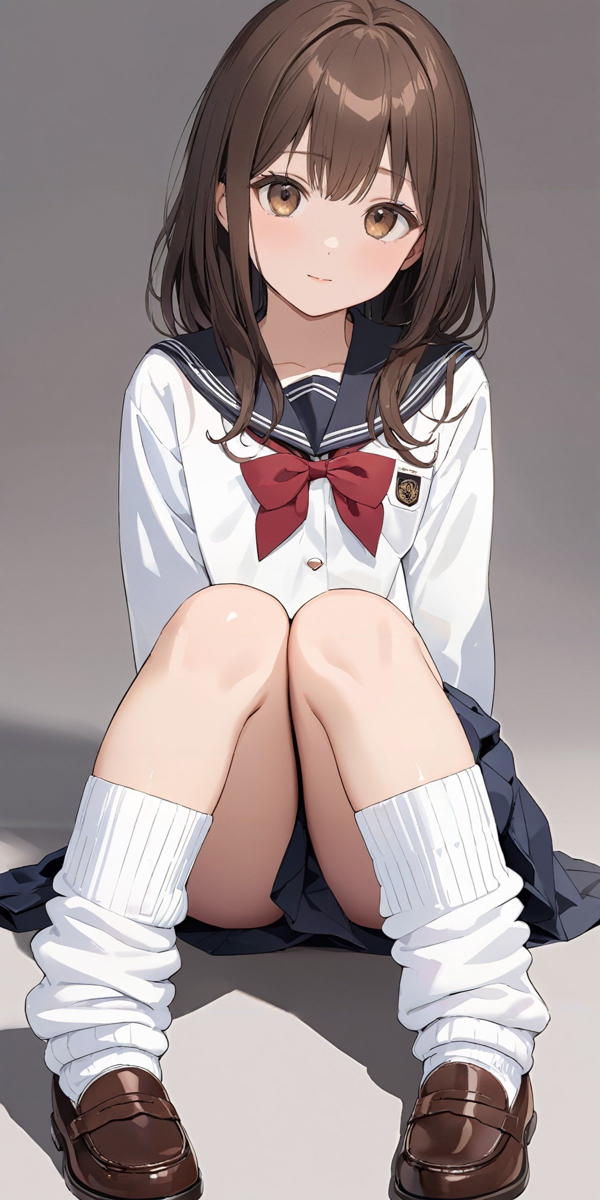 masterpiece,ultra-detailed,best quality,8K,illustration,cute face,clean skin ,shiny hair,girl,ultra-detailed-eyes,simple background, <lora:add-detail-xl:1> <lora:loose socks_XL_V1.1:1.2> jyojifuku, school uniform, loose socks,sitting,brown hair,legs cross