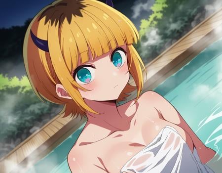 score_9, score_8_up, score_7_up, source_anime,memcho, <lora:memcho-s1-ponyxl-lora-nochekaiser:1>memcho, blonde hair, blue eyes, blunt bangs, demon horns, fake horns, horns, short hair,nude, naked,outdoors, onsen, towel, naked towel, steam, bathing, nude cover, partially submerged, water, bath, steam censor, wet towel,looking at viewer, dutch angle, cowboy shot