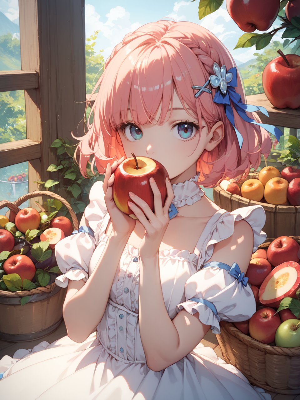 score_9,score_8_up,score_7_up,1girl,food,fruit,holding fruit,solo,holding food,holding,apple,looking at viewer,frills,upper body,white dress,hair ornament,dress,