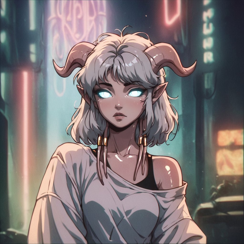 score_9, score_8_up, score_7_up, score_6_up, score_5_up, score_4_up,BREAKvintage, 1990s \(style\), a gorgeous draenei girl over a future cityscape, depth of field, oversized shirt, off one shoulder, (shiny skin:1.4), cold lighting, detailed face, clear eyes, depth of field, messy hair, (intricate), shy, glowing eyes, detailed eyes, detailed background, neon trim, neon lights<lora:OldAnimeStyle_XL_v3:0.75> 