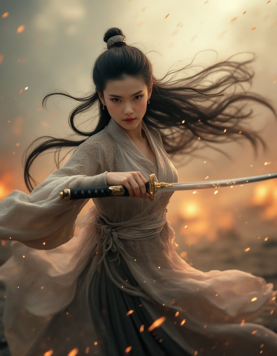 A hyper-realistic photograph of an incredibly beautiful and cute 18-year-old Chinese girl standing fearlessly in the midst of a war-torn battlefield. She wears an exquisitely detailed,traditional Hanfu,with flowing silk fabric and intricate embroidery that contrasts sharply with the chaos around her. The Hanfu subtly reveals a natural,realistic cleavage,adding a touch of feminine allure to her appearance. Her large,expressive eyes convey a perfect balance of innocence and fierce determination as she swings a finely crafted Tang dynasty sword (Tangdao) in a powerful,fluid motion. The image captures the exact moment as the blade slices through the air,with sparks flying and debris scattering from the impact. The background is filled with explosions,smoke,and the distant glow of fire,creating a dramatic contrast to her graceful form. Her long,silky black hair flows wildly in the wind,adorned with traditional hairpins that somehow remain intact amidst the chaos. Her focused expression reveals both grace and intensity,as if she is a warrior from another time,standing strong against the turmoil. Every detail,from the texture of her Hanfu to the sharpness of the Tangdao,is rendered with true-to-life precision,ensuring the final image looks indistinguishable from a high-quality photograph.,