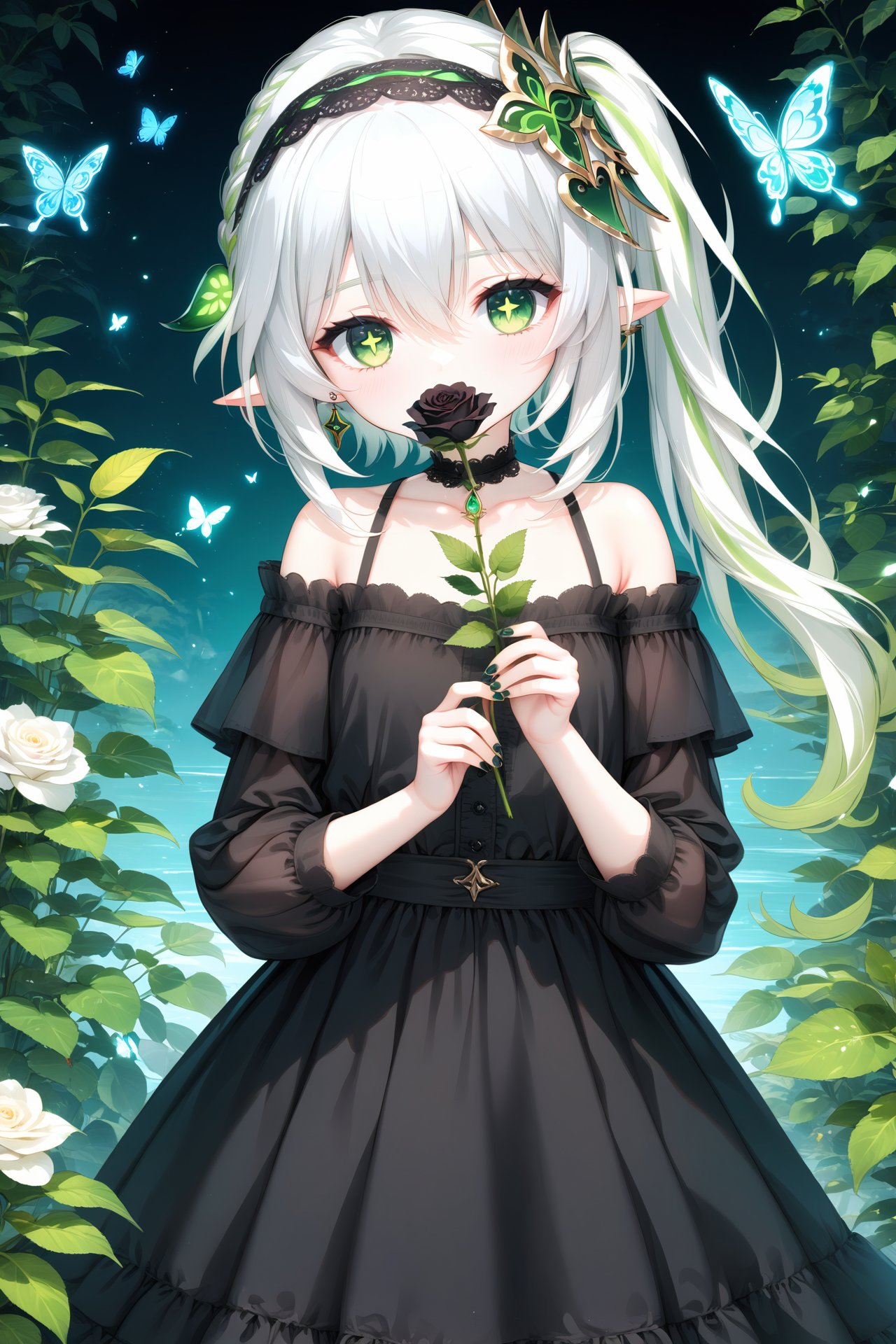 (masterpiece),(best quality),illustration,ultra detailed,hdr,Depth of field,(colorful),1girl,black flower,black rose,rose,nahida (genshin impact),solo,green eyes,flower,pointy ears,butterfly,side ponytail,holding,bug,black nails,dress,holding flower,white hair,looking at viewer,long hair,jewelry,hair ornament,alternate costume,hair between eyes,green hair,symbol-shaped pupils,frills,black dress,choker,hairband,green nails,nail polish,black choker,bare shoulders,upper body,collarbone,multicolored hair,off shoulder,earrings,off-shoulder dress,lolita fashion,covered mouth,white rose,green flower,gem,long sleeves,black headwear,cross-shaped pupils,