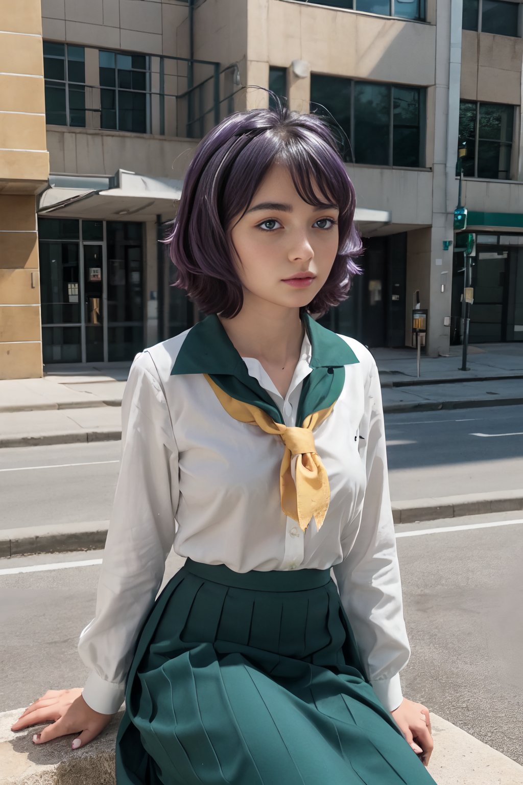 (photorealistic, realistic:1.2), (textured skin:1.3), realistic skin, HDR,beautiful 20 year old girl sitting on the sidewalk with a wicked look on her face, natural daylight,<lora:hiiragi_utena:0.9>, utena_wz, short hair, purple hair, ahoge, brown eyes,hair between eyes, school uniform, skirt, serafuku, ahoge, green skirt, pleated skirt, long skirt, sailor collar, yellow neckerchief, long sleeves, bangs, white shirt, cowboy shot, 