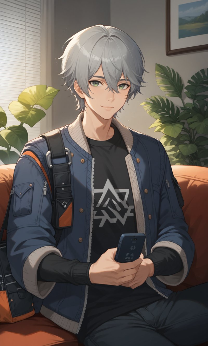 score_9, score_8_up, score_7_up, masterpiece, best quality, lots of details, close-up, ((1boy)), Wise, black shirt, gray-green eyes, dark pants, shoulder black bag for phone, black sleeves, grey hair, jacket, solo, light smile, male focus, sitting, on black couch, looking at viewer, shaded, detailed shading, detailed skin, shaded skin, realistic shading, Expressiveh, countershading:1.1, living room, indoors, computer, indoor plant, <lora:add-detail-xl:0.7>, <lora:Smooth Anime 2 Style SDXL_LoRA_Pony Diffusion V6 XL:0.8>, <lora:Expressive_H:0.7>,  <lora:Wise_XL_V10_OPT:0.9>