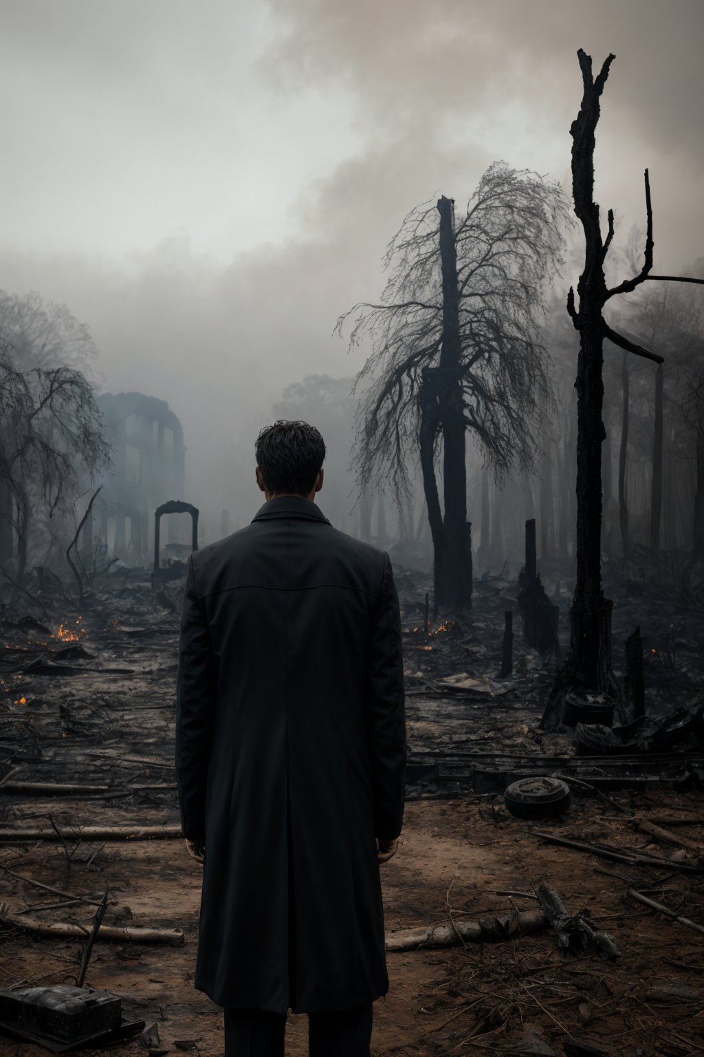 Medium long view acrylic painting, (Man in sorrow near scorched surroundings:1.2), Symmetrical composition, Ruined woodland setting, Disconsolate stance, (Ruinous landscape:1.3), Charred remnants, Leaden skies, Melancholic ambiance, Grieved countenance, (Overwhelming loss:1.3)